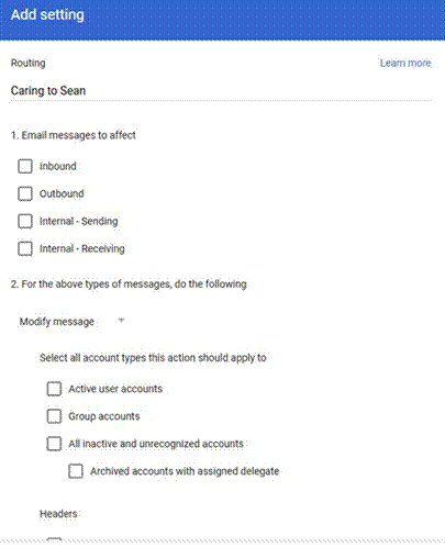 Title: Step 4 screenshot - Description: Add setting dialog in Gmail routing